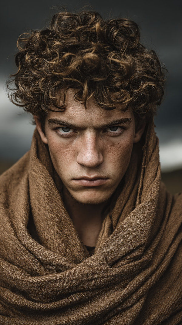 A Young Man With Curly Hair And A Expression Wearing A Brown Scarf Stands In Front Of A Dark Background — Stock Photo