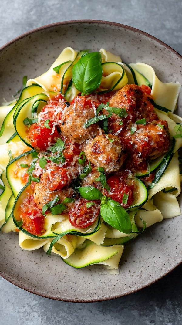 A Plate Of Zucchini Noodles Topped With Tomato Sauce And Herbs Served On A Wooden Table — Stock Photo