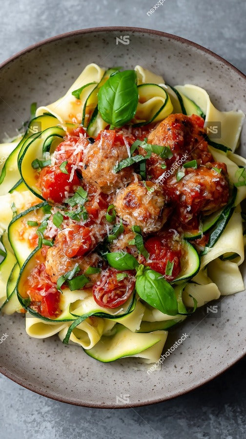 A Plate Of Zucchini Noodles Topped With Tomato Sauce And Herbs Served On A Wooden Table — Stock Photo