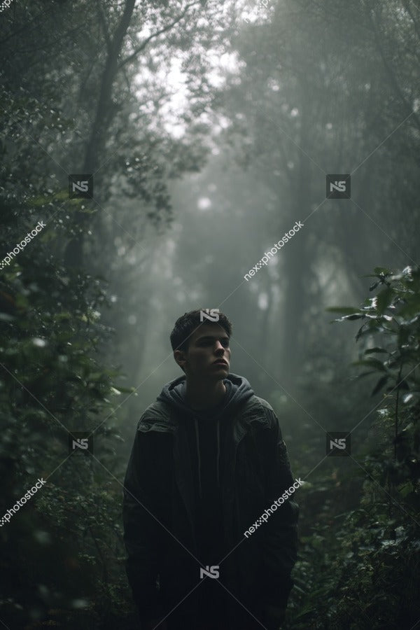 A Young Man Stands In A Foggy Forest Surrounded By Tall Trees And Misty Air — Stock Photo