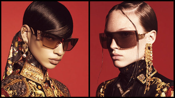 Four Panel Portrait Of A Woman In Sunglasses And Elaborate Jewelry Against A Red Background — Stock Photo