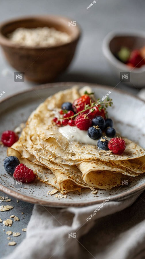 Delicious Crepes On A Plate With Berries And Cream Served On A Wooden Table — Stock Photo