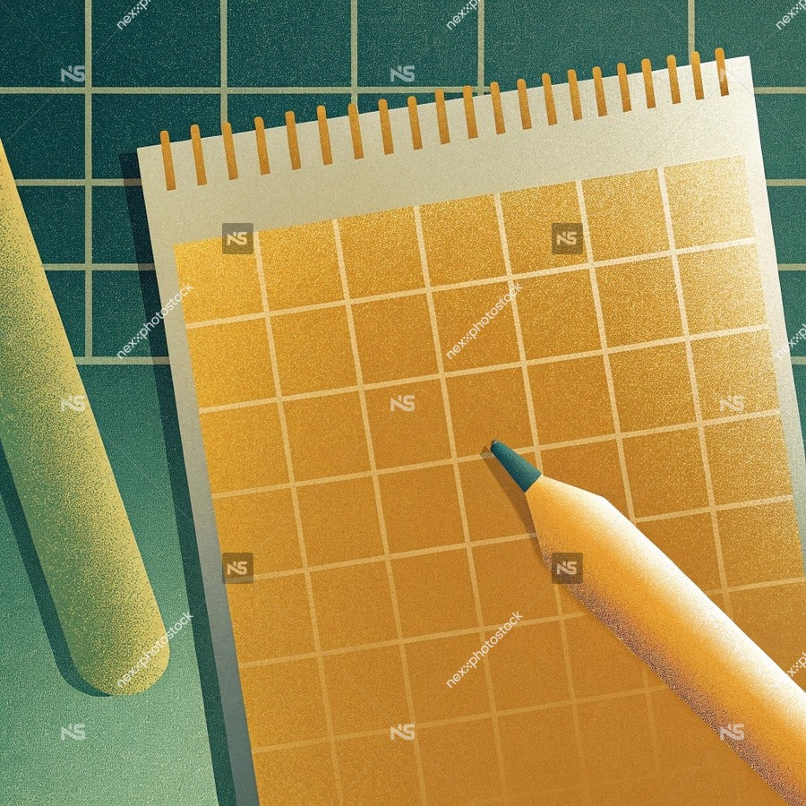 A Yellow Lined Notebook With A Pencil Resting On Top Placed On A Green Surface — Stock Illustration