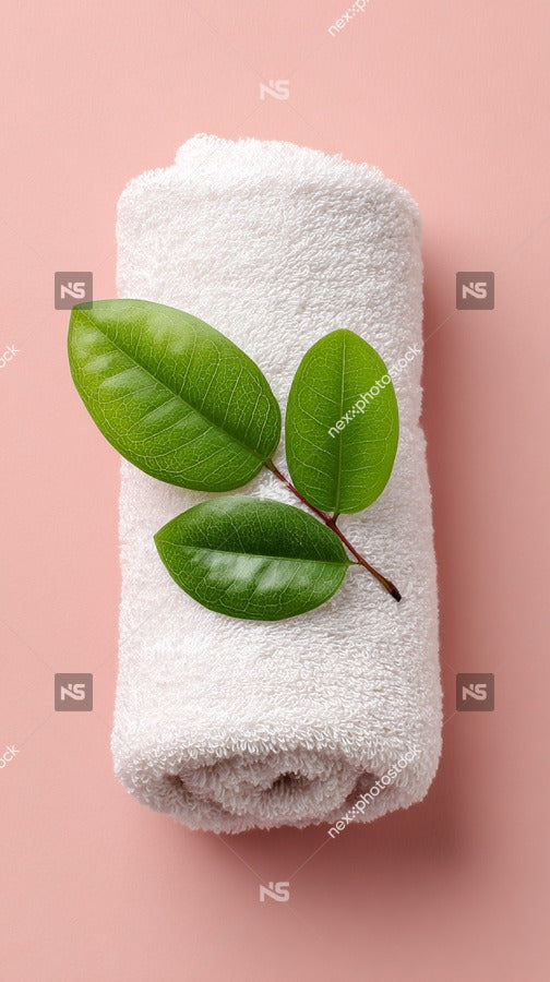 A White Towel With A Green Leaf Resting On It Placed Against A Pink Background — Stock Photo