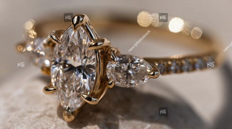 A Gold Diamond Engagement Ring With A Clear Halo Setting Set Against A White Background — Stock Photo