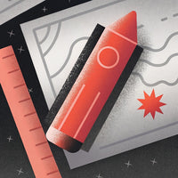 Two Illustrations Of A Rocket And A Ruler On A Dark Background With A Starry Sky Theme — Stock Illustration