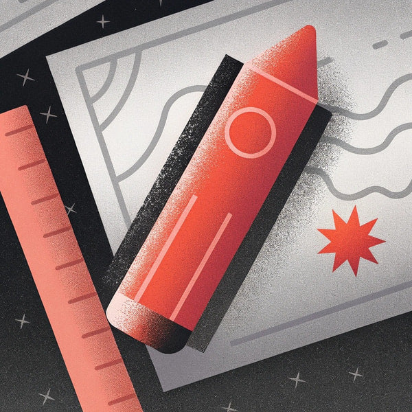 Two Illustrations Of A Rocket And A Ruler On A Dark Background With A Starry Sky Theme — Stock Illustration