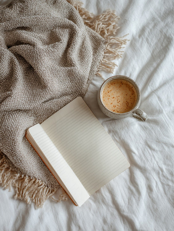 A Cozy Scene Of A Cup Of Coffee And An Open Notebook On A Bed Covered With A Blanket — Stock Photo