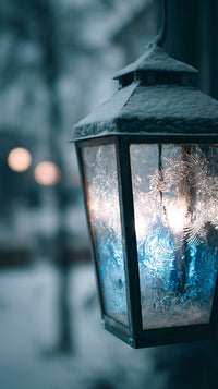Snowflake Patterned Lantern With Light Bulb Inside Hanging From A Hook In A Snowy Outdoor Setting During Nighttime — Stock Photo