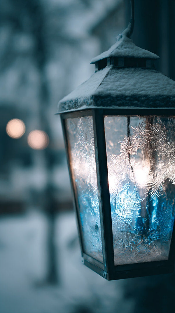Snowflake Patterned Lantern With Light Bulb Inside Hanging From A Hook In A Snowy Outdoor Setting During Nighttime — Stock Photo
