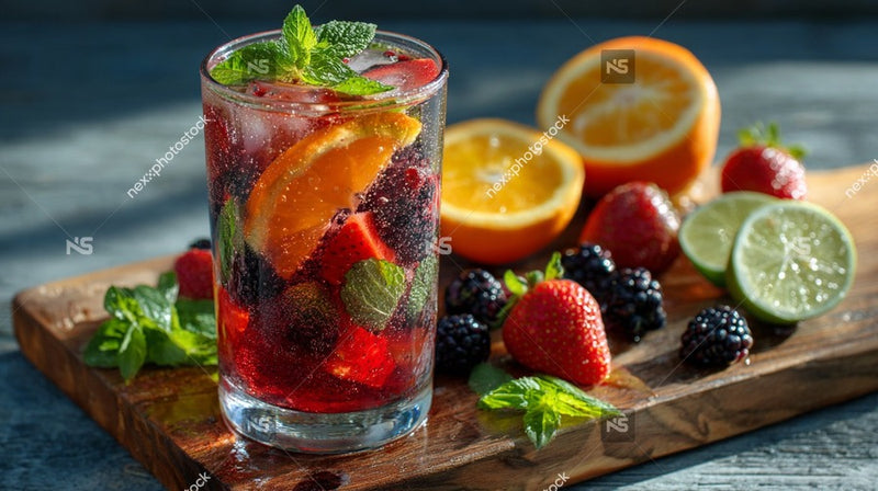 A Refreshing Glass Of Minty Strawberry Lemonade Garnished With Fresh Fruit Including Oranges And Berries — Stock Photo