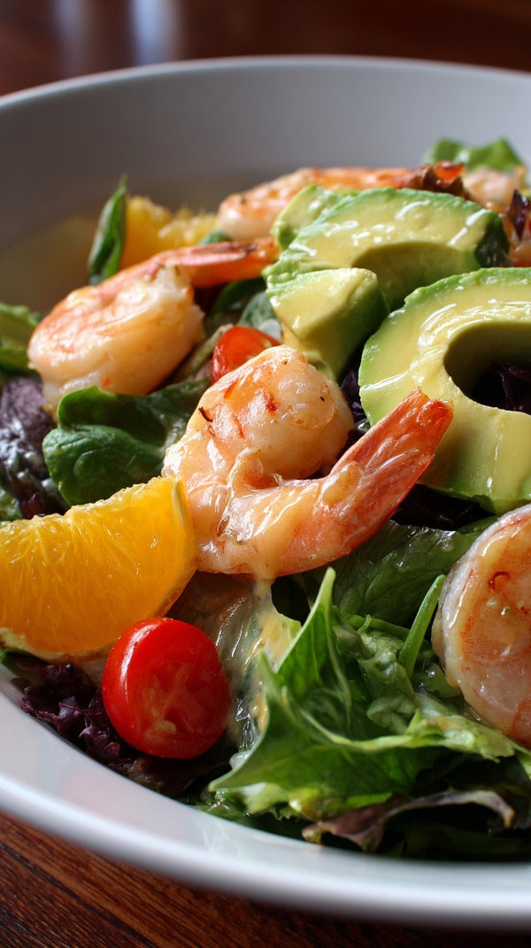 A Plate Of Shrimp Salad With Avocado Topped With A Drizzle Of Dressing And Garnished With Orange Slices — Stock Photo