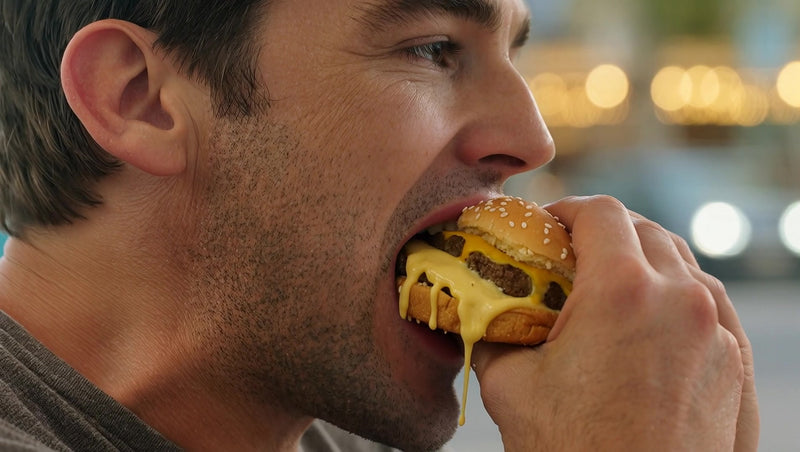 man eating burger in restaurant - Stock Video
