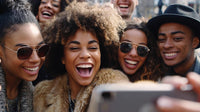 a group of young adults posing for a selfie with cell phones smiling and laughing in an outdoor setting during daylight hours - Stock Video