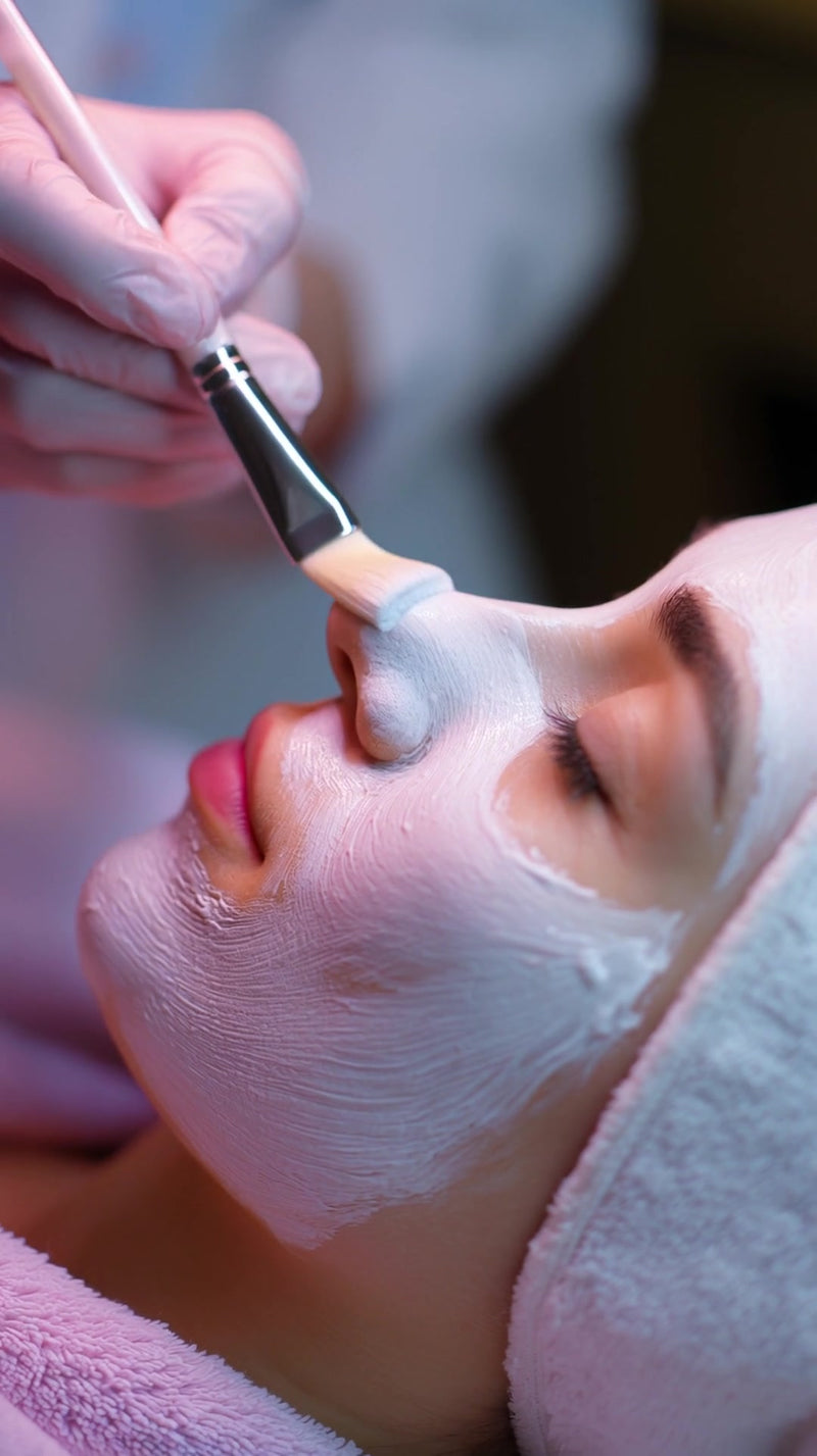 beauty salon with a person receiving a facial treatment where a professional is applying a mask to their face using a brush - Stock Video