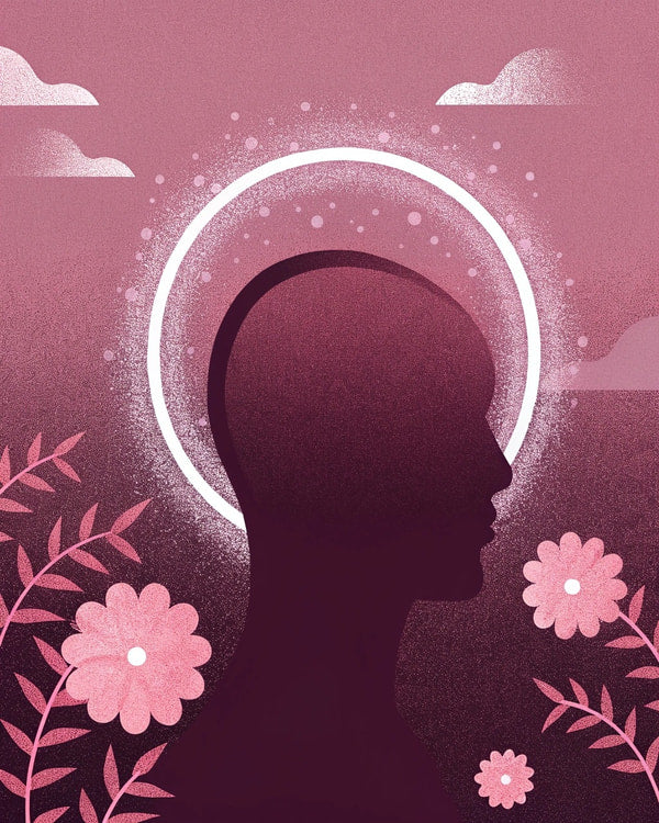 Illustration Of A Person S Head With A Halo Of Flowers Around It Set Against A Pink Background With Clouds And Blue Sky — Stock Illustration