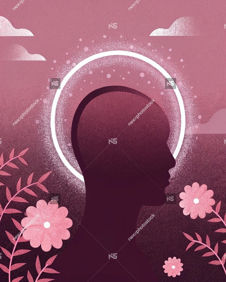 Illustration Of A Person S Head With A Halo Of Flowers Around It Set Against A Pink Background With Clouds And Blue Sky — Stock Illustration
