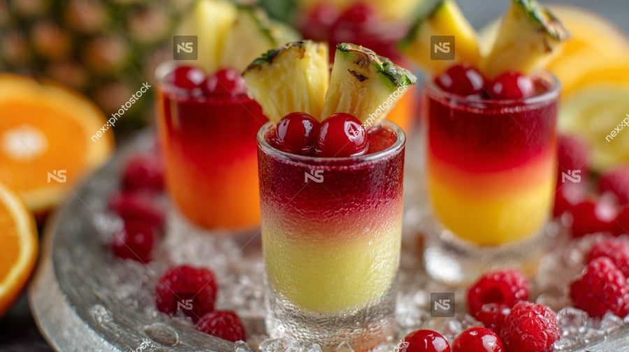 Three Glasses Of Cocktails Garnished With Fruit And Rims Arranged On A Tray Set Against A Backdrop Of Fresh Fruit Slices — Stock Photo