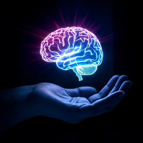 3d Rendering Of A Human Hand Holding A Glowing Brain Model Against A Dark Background — Stock Photo