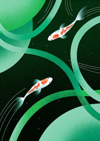 Stylized Illustration Of Two Koi Fish Swimming In A Circular Pattern Against A Dark Background With Swirling Patterns And A Greenish Hue — Stock Illustration