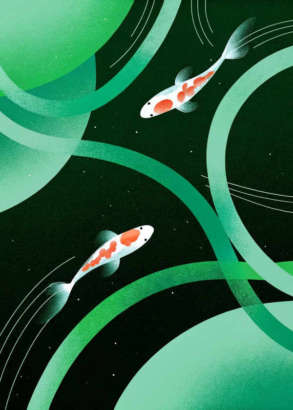 Stylized Illustration Of Two Koi Fish Swimming In A Circular Pattern Against A Dark Background With Swirling Patterns And A Greenish Hue — Stock Illustration