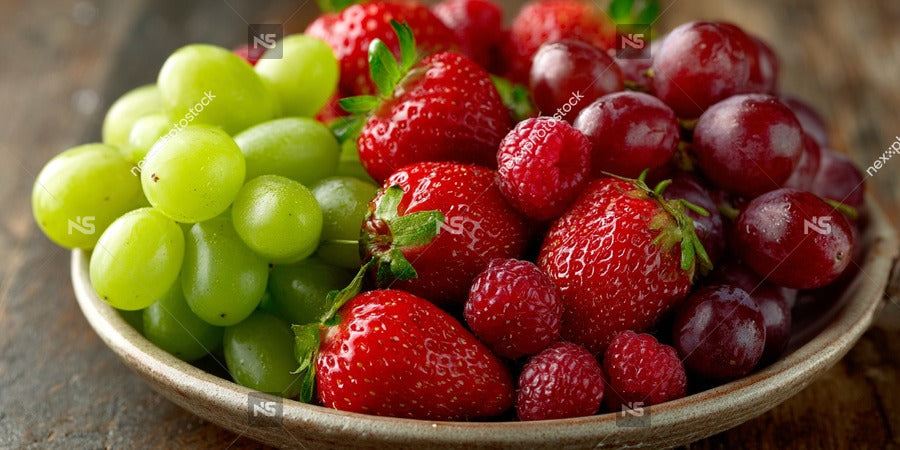 A Bowl Of Fresh Fruit Including Grapes Strawberries And Plums Displayed On A Table — Stock Photo
