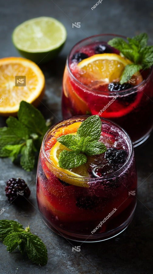 A Refreshing Pitcher Of Berry Sangria With Fresh Mint Garnished With Sliced Oranges And Limes Served In Glasses On A Table — Stock Photo