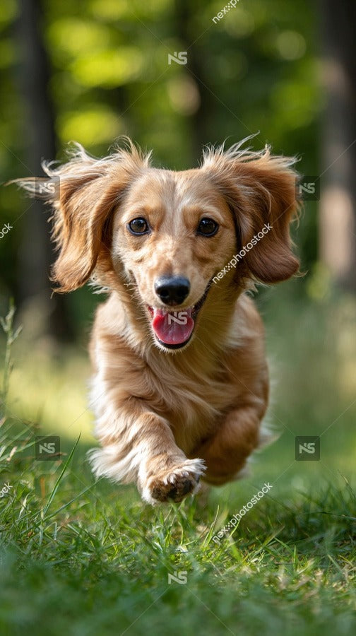 A Brown Dog Is Captured Mid Run With Its Tongue Out And Tail Wagging On A Grassy Field Within A Park — Stock Photo
