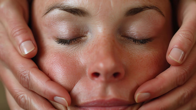 a person receiving a facial massage with their eyes closed hands gently placed on top of their head and a serene expression - Stock Video