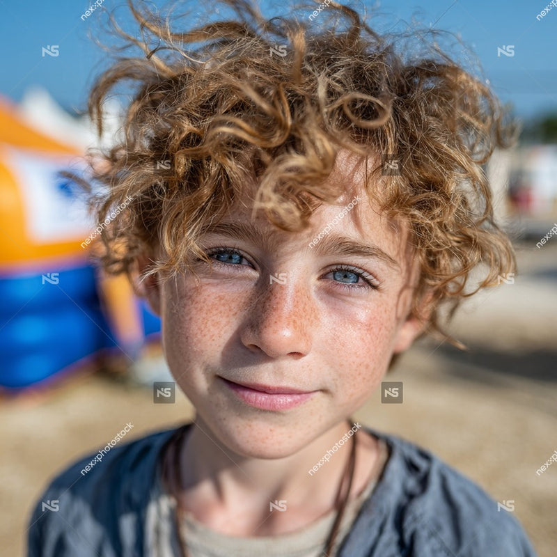 A Young Boy With Curly Hair Stands In Front Of A Blue And Orange Tent Looking Directly Into The Camera — Stock Photo