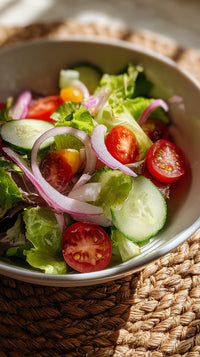 A Bowl Of Salad With Tomatoes And Cucumbers Garnished With Onions And Lettuce Placed On A Woven Placemat — Stock Photo