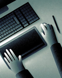 Digital Workspace With A Person S Hand Using A Computer Mouse And Keyboard Positioned In Front Of A Monitor On A Desk — Stock Illustration