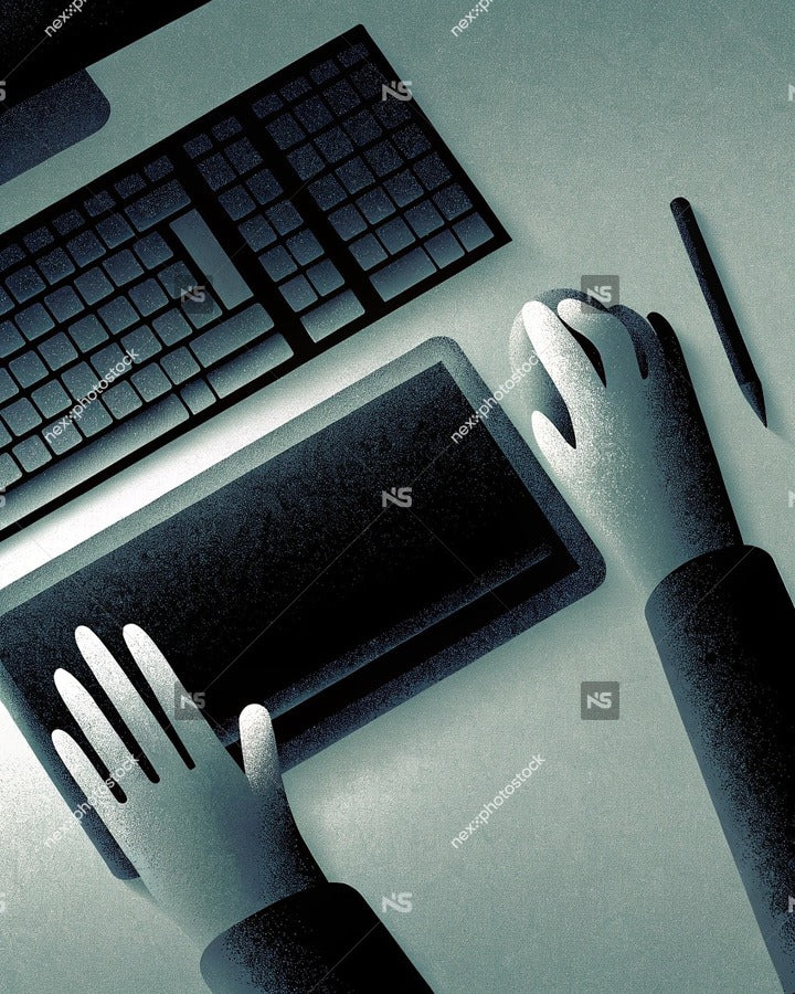 Digital Workspace With A Person S Hand Using A Computer Mouse And Keyboard Positioned In Front Of A Monitor On A Desk — Stock Illustration