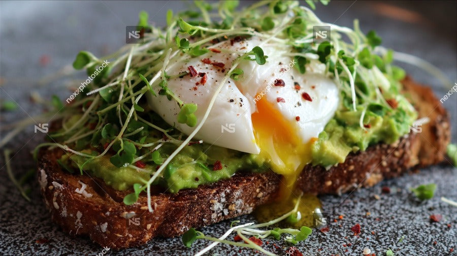 A Slice Of Toasted Bread Topped With A Fried Egg And Avocado Garnished With Microgreens And Red Pepper Flakes — Stock Photo