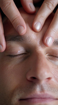 A Composite Photograph A Man S Face In Close Up With His Eyes Closed And Hands Placed On His Forehead — Stock Photo