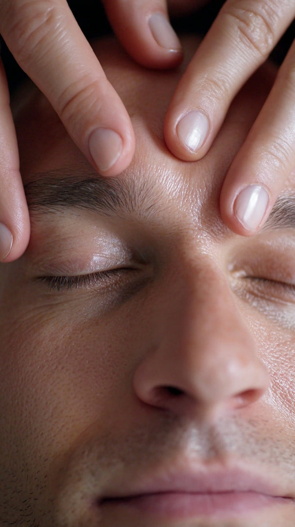 A Composite Photograph A Man S Face In Close Up With His Eyes Closed And Hands Placed On His Forehead — Stock Photo