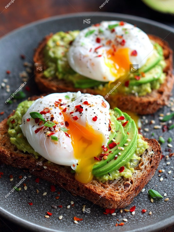 Avocado Toast Topped With Fried Eggs Garnished With Red Pepper Flakes And Chives Served On A Dark Grey Plate — Stock Photo