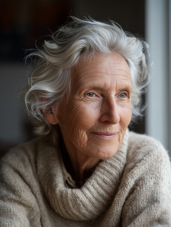 An Elderly Woman With Gray Hair And A Wrinkled Face Wearing A Brown Sweater Is Captured In A Close Up Portrait — Stock Photo