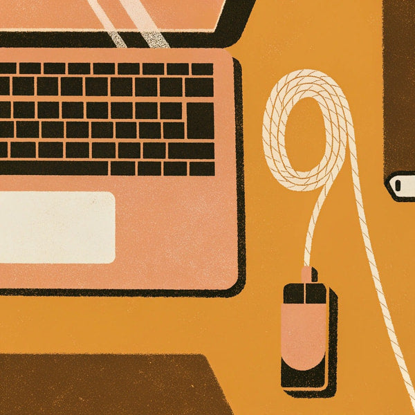 Illustration Of A Workspace With Two Laptops A Mouse A Keyboard And A Coiled Rope — Stock Illustration