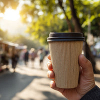 A Person Holding A Coffee Cup In Their Hand While Standing On A Street — Stock Photo