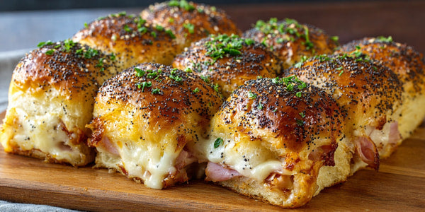 Close Up Of Six Appetizers On A Wooden Board Topped With Cheese And Herbs Served In A Restaurant Setting — Stock Photo