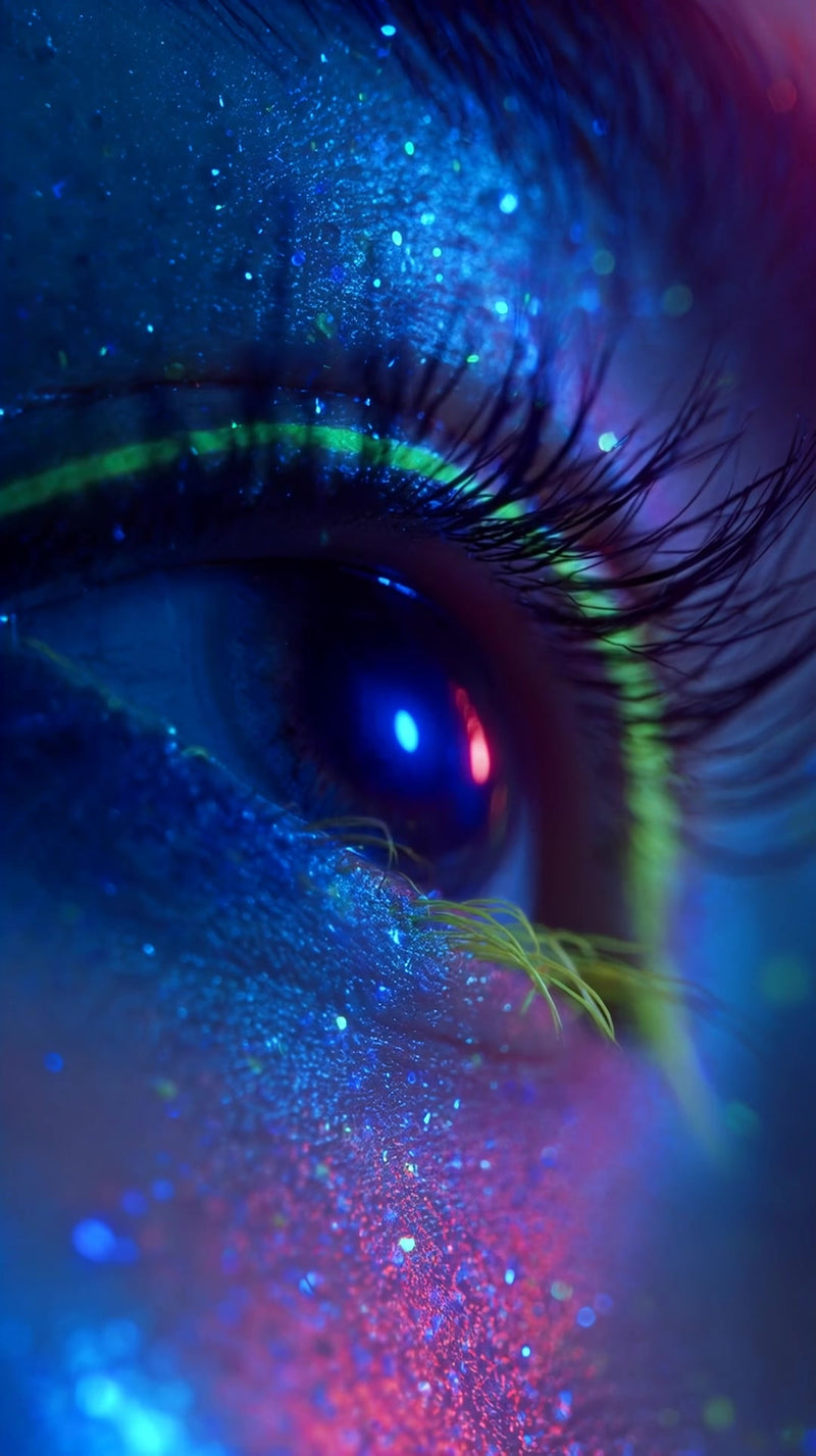 a close up photograph focusing on a human eye with vibrant colorful glitter sparkles around it - Stock Video