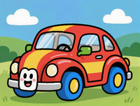 Colorful Cartoon Illustration Of A Red And Yellow Volkswagen Beetle With A Smiling Face On The Front Parked In A Grassy Field — Stock Illustration