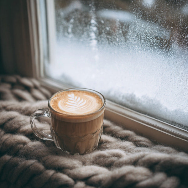 A Cup Of Coffee Sits On A Windowsill Overlooking A Snowy Landscape — Stock Photo