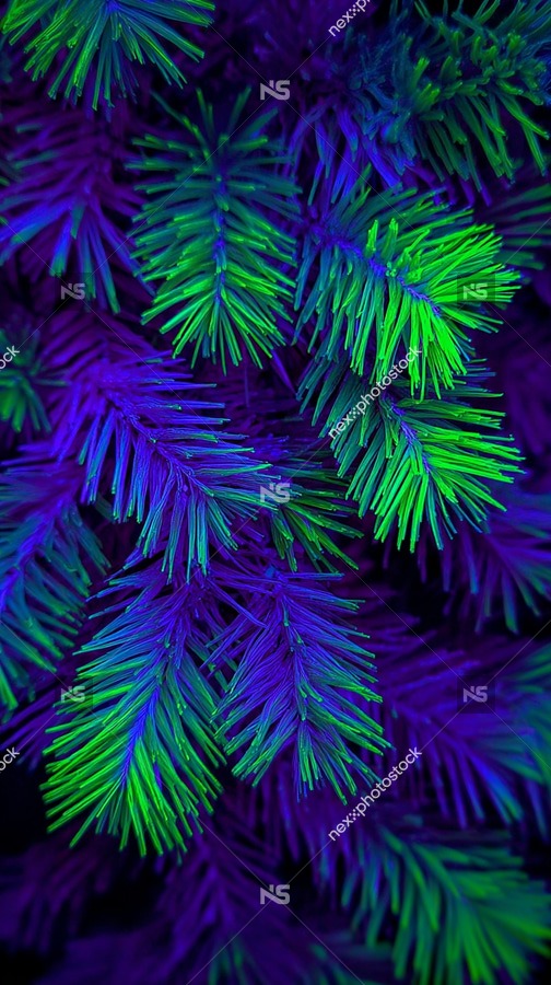 Colorful Christmas Tree Decoration With Green And Purple Branches A Close Up View Of The Vibrant Lights And Ornaments — Stock Photo