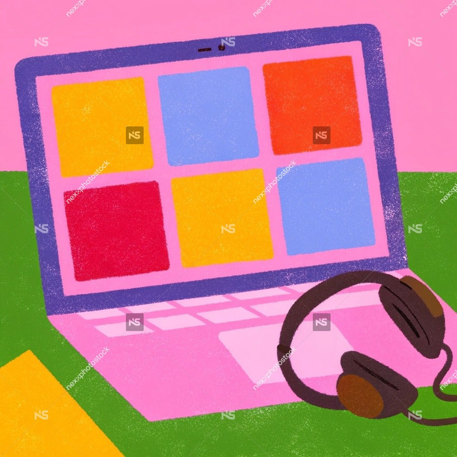 A Colorful Laptop Is Placed On A Table Next To A Pair Of Headphones — Stock Illustration