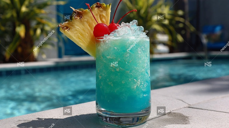 A Blue Cocktail Garnished With A Pineapple Slice Served In A Glass On A Poolside Patio — Stock Photo