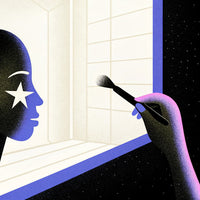 A Cosmetic Artist Applying Makeup To A Mannequin Head With A Blue Background And A Starry Night Sky Motif — Stock Illustration