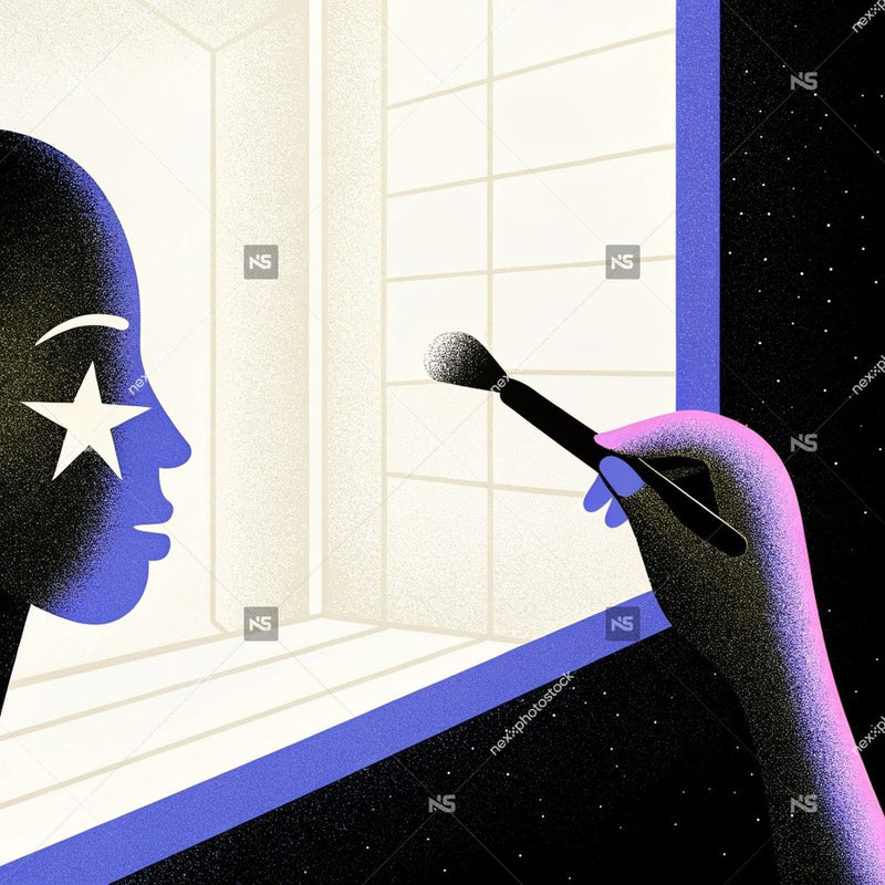 A Cosmetic Artist Applying Makeup To A Mannequin Head With A Blue Background And A Starry Night Sky Motif — Stock Illustration