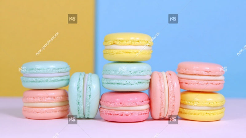 Displays A Collection Of Macarons With Colorful Fillings Stacked In A Visually Appealing Manner On A Surface Against A Blue Background — Stock Photo